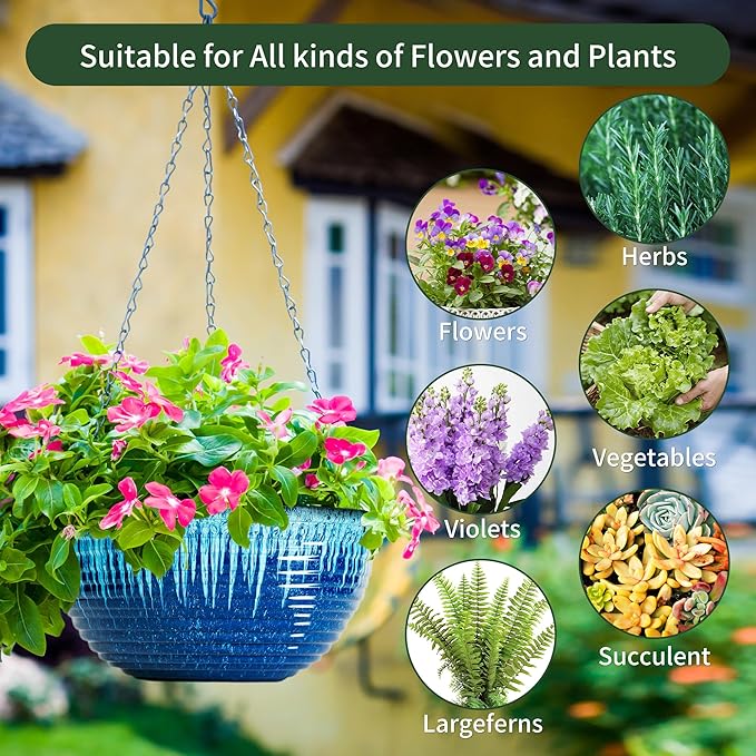 12 inch Hanging Planters for Indoor Outdoor Plants, 2 Pack Large Hanging Flower Pots with Drainage Holes and Chain, Glazed Hanging Baskets for Home Garden Decoration (Blue Flow Glaze) Vanslogreen