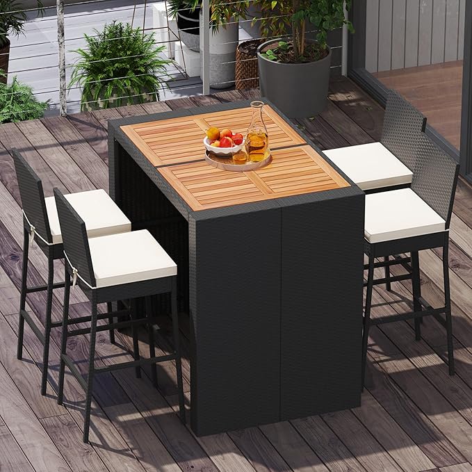 RELAX4LIFE 5-Piece Outdoor Bar Set - Wicker Rattan Bar Height Dining Table w/Acacia Wood Top & 4 Bar Stools Chairs w/Seat Cushions, Backrest, Footrest, Outside Patio Bistro Set for Backyard (47.5'') RELAX4LIFE