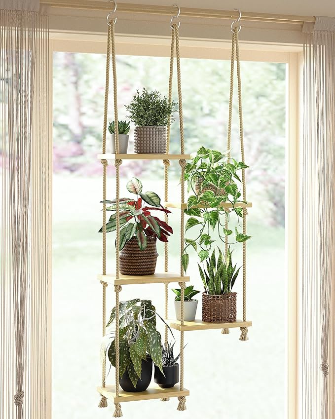 Window Plant Shelves Macrame Plant Hanger Floating Shelves Window Sill Shelf for Plants Hanging Plant Stand Indoor Window Plant Holder Boho Decor Living Room Bedroom Wall Decor Gentingbro