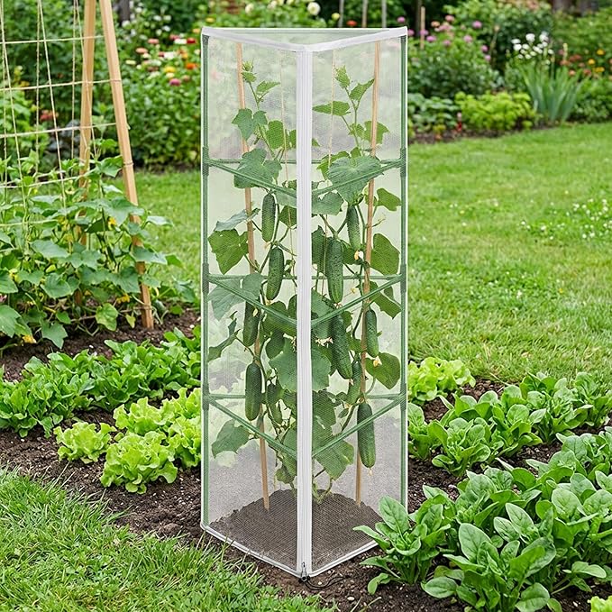 2 Pcs Garden Bird Netting for Triangle Plant Cage, 59" x 20" x 20" Tomato Cage Garden Net Cover with Zipper, Tomato Trellis Insect Bird Barrier Protection Mesh for Vertical Climbing Plant Vegetable PurpleStar