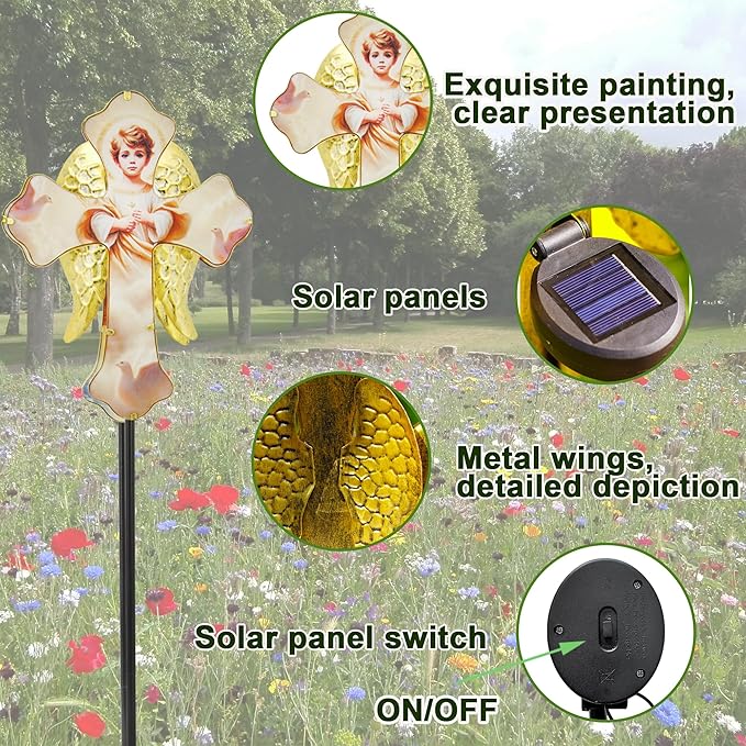 Solar Little Angel, Child Cross Garden Lights for Graves - Angel Wing Memorial Decor, Waterproof Cemetery Solar Stake Lights for Easter, Patio, Yard - Sympathy Gifts for Loved Ones1. Rootora