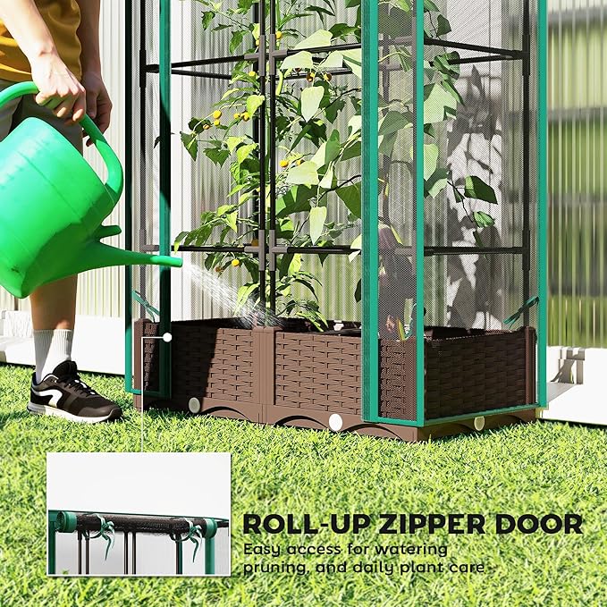 Outsunny Raised Garden Bed with Trellis, 46.5" Tomato Cage with Crop Cage, Self Watering Planter Box with Drainage Holes and Plugs for Outdoor Patio Climbing Plants, Vines, Vegetables, Flowers, Green Outsunny