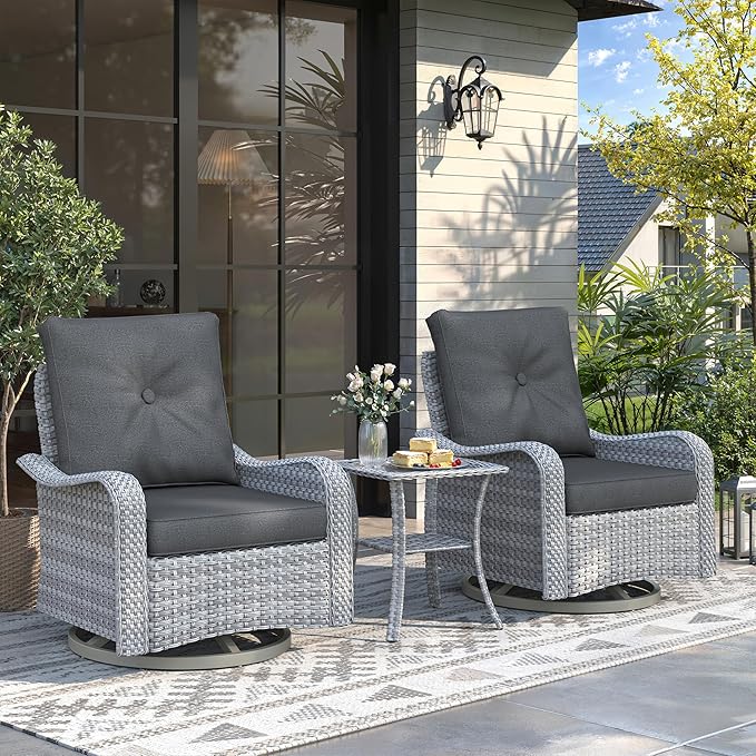 2-Seat Modern Patio Furniture Set with Swivel Rocking Chairs, Thick 4″ Cushions, Dual-Strand Wicker Rattan, Rust-Resistant Steel Frame – Outdoor Conversation & Modular Sectional,Black MASIONBACKYARDS