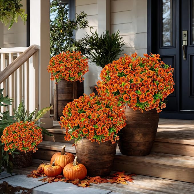 Artificial Fall Flowers Outdoor Fake Mums - 16 Bundles Fake Plants UV Resistant No Fade Faux Plastic Greenery Garden Porch Patio Fall Home Decor (Red Orange16) AXYLEX