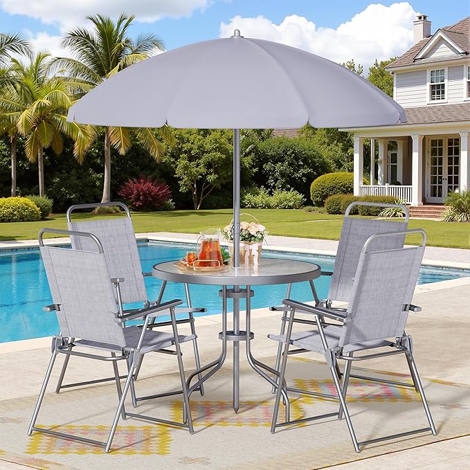 Shintenchi 6 Piece Patio Dining Set with Umbrella, Outdoor Furniture Set with 4 Folding Chairs and Tempered Glass Top Dining Table fot Lawn Backyard Garden Porch, Silver Shintenchi