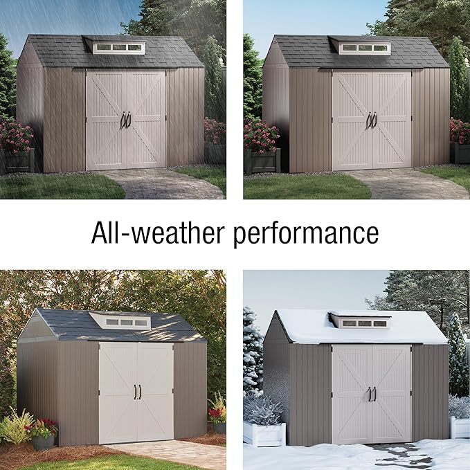 Rubbermaid Extra Large Resin Outdoor Storage Shed With Floor (7 x 10.5 Ft.) Weather Resistant Brown Organization for Home/Lawn Mower/Backyard Equipment/Bike Storage/Pool Supplies Rubbermaid