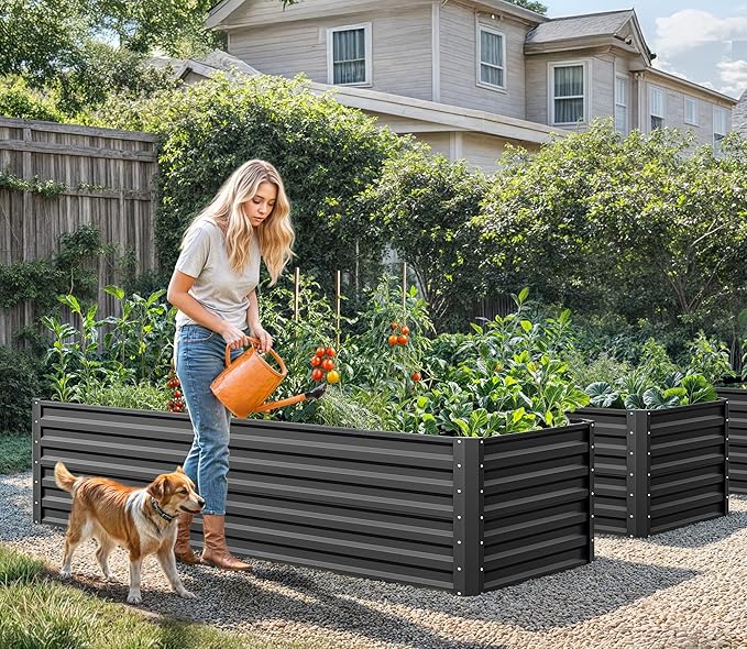 YITAHOME 6x3x2ft 2pcs Large Raised Garden Bed Kit, Galvanized Metal Planter Box with Gloves, Ground Nails, Support Rod, Outdoor Above Ground Planters for Plants Vegetables Flowers, Black YITAHOME