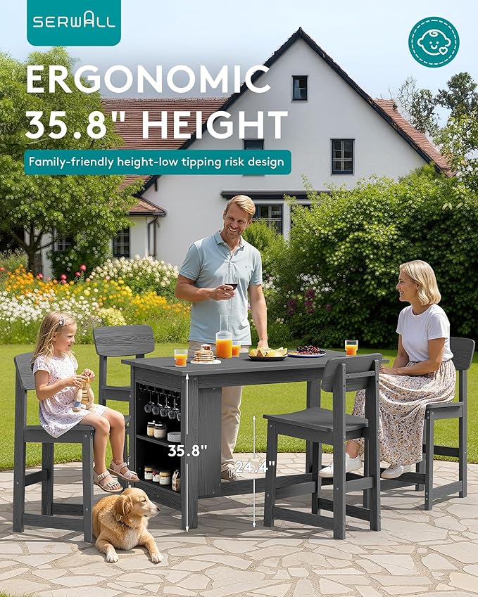 SERWALL 8-Piece Counter Height DiningTable Sets with Storage and Wine Rack, HDPE 2 Rectangular Bar Table with Bar Stools Set of 6 for Garden, Backyard, Kitchen, Gray SERWALL