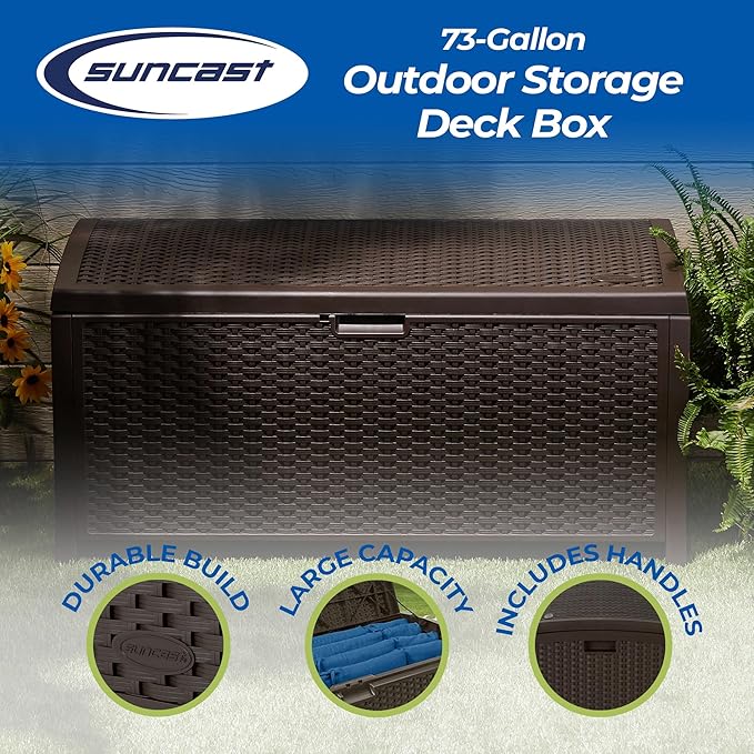 Suncast Outdoor Storage Box - 73 Gallon Mocha Brown Deck Box for Patio, Waterproof Outdoor Storage Bench, Resin Wicker Style, Heavy-Duty, Lockable Lid for Cushions, Shoes, Pool & Garden Gear Suncast