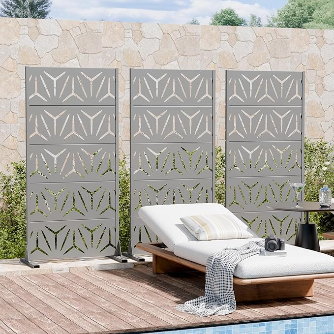 Casaphoria Metal Privacy Screen Outdoor, 60" H x 30" W Freestanding Decorative Privacy Screen for Patio Deck Balcony Garden with Stable Base, Grey-Star Casaphoria