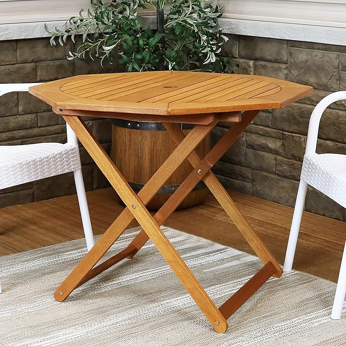 Sunnydaze Folding Meranti Wood Outdoor Dining Table with Umbrella Hole - Foldable Teak Patio Table - Teak Oil Finish - Octagon SunnydazeDecor