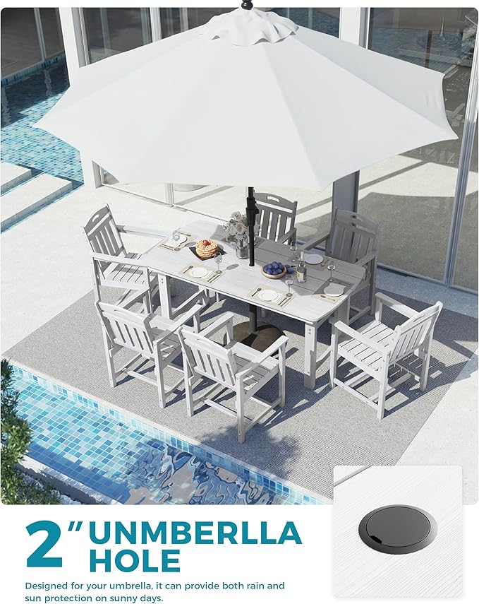 Ciokea HDPE Outdoor Dining Set, 7-Piece Patio Table and Chairs Set with Umbrella Hole, All-Weather Patio Dining Sets for 6, Durable Patio Furniture for Backyard, Garden, Lawn & Poolside, White CIOKEA
