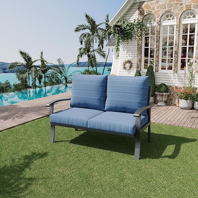 HOMREST Outdoor Loveseat Aluminum Patio Furniture Sofa, All-Weather Metal Outdoor Couch with Cushions, Blue HOMREST