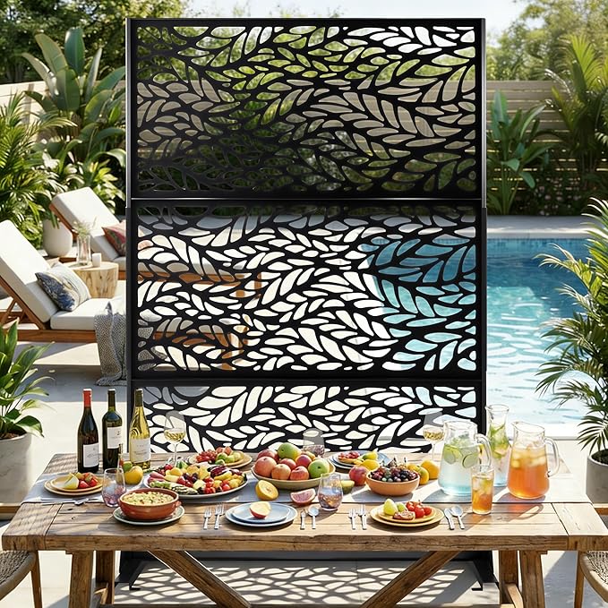 VINGLI Privacy Fence Panels, 72H’’ x 47W’’ Metal Privacy Screen Freestanding, Decorative Privacy Panels for Patio Garden Pool, Outdoor & Indoor (Leaf) VINGLI