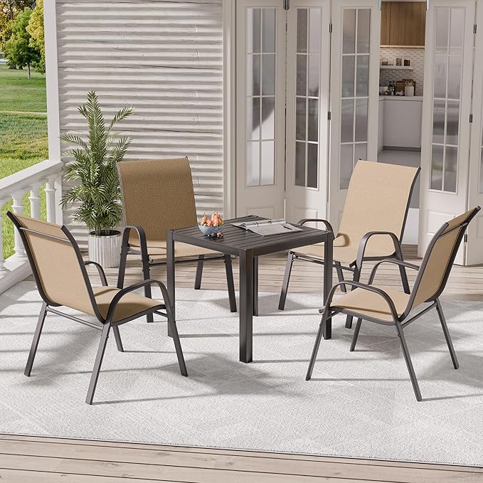 Patio Chairs Set of 4, Outdoor Dining Chairs Stackable for All Weather, Breathable Metal Modern Outside Furniture Chair for Pool Side, Garden, Backyard Deck, Brown furniture