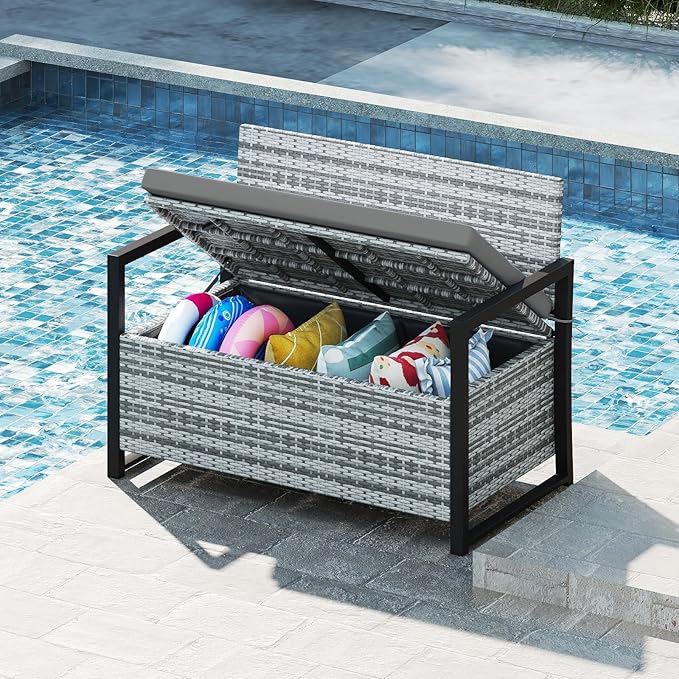 Tangkula 40 Gallon Outdoor Bench with Storage, Patio Wicker Storage Bench with Cushion, Cover, Metal Frame, Deck Box Seat for Backyard, Poolside, Balcony, Garden TANGKULA