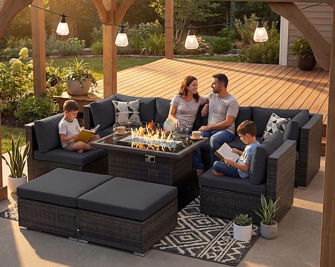 NICESOUL 8 Seater Outdoor Patio Furniture Sectional Sets with Firepits Table Natural Gas Propane, 29.3'' High Back Comfy Wicker Conversation, 9 Piece Deep Wide Modern Modular Sofa for Backyard, Grey NICESOUL