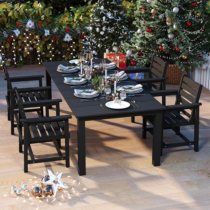 5-Piece Black Outdoor Dining Set for 4, 75.2'' HDPE Table with Umbrella Hole & Chairs, Weather-Resistant Patio Furniture for Garden, Lawn, or Poolside PatioKingdom