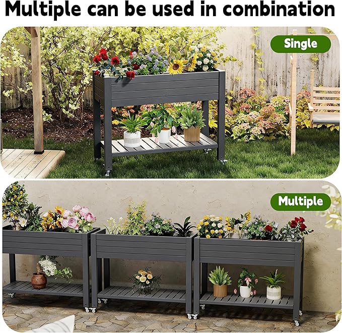 Elevated Raised Garden Bed with Legs, 33.66" Tall Self-Watering Resin Outdoor Planter Box with Storage Shelf, Drain Plug Water & Monitor for Plants Vegetables Flowers Fruits (Black) GYMHILL