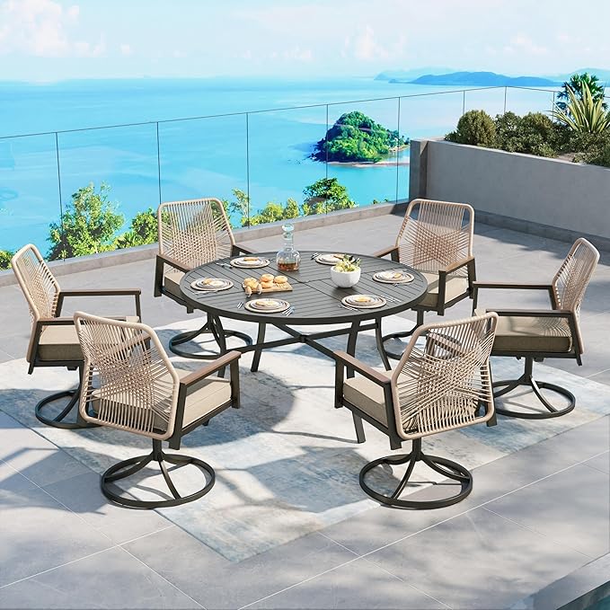 Patio Dining Set 7 Piece, 6 x Woven Rattan Swivel Chairs with Waterproof Cushion, 54” Metal Round Dining Table with Umbrella Hole, Outdoor Table and Chairs Set for Backyard Lawn and Deck,Beige SUNSHINEVALLEY