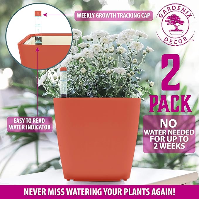 GARDENIX DECOR 5" Self Watering pots for Indoor Plants - Flower Pot with Water Level Indicator for Plants, Grow Tracking Tool - Self Watering Planter Plant Pot – 2 Pack Terracota Rootora