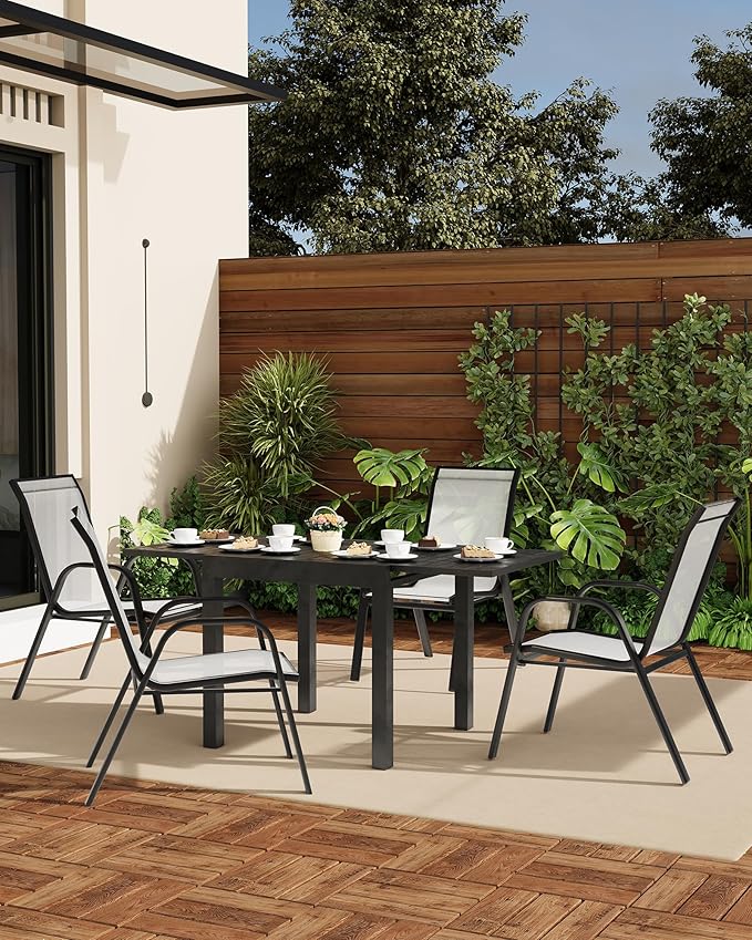 Outdoor Stackable Dining Chairs Set of 4, High-Back Patio Stacking Chairs, Patio Chairs with Textilene Farbic & Metal Frame for Lawn Backyard Deck Garden,Grey Rootora