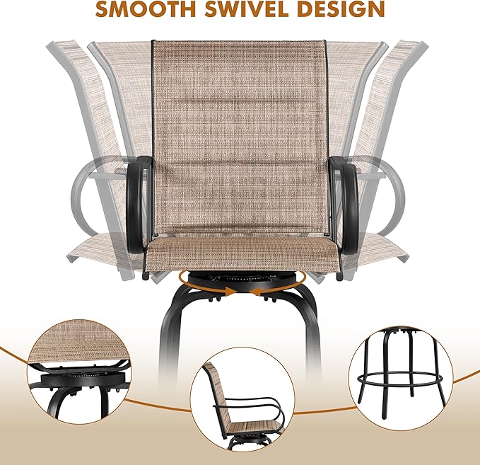 Yaheetech 2 Piece Patio Swivel Bar Stools Texteline Bistro Chairs with High Back/Armrest/Footrest, All Weather Padded Seating Outdoor Furniture Chairs for Outside, Lawn & Garden?Black/Brown Yaheetech