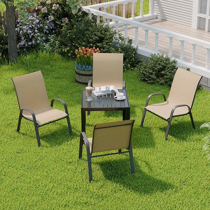 Patio Chairs Set of 4, Outdoor Dining Chairs Stackable for All Weather, Breathable Metal Modern Outside Furniture Chair for Pool Side, Garden, Backyard Deck, Brown furniture