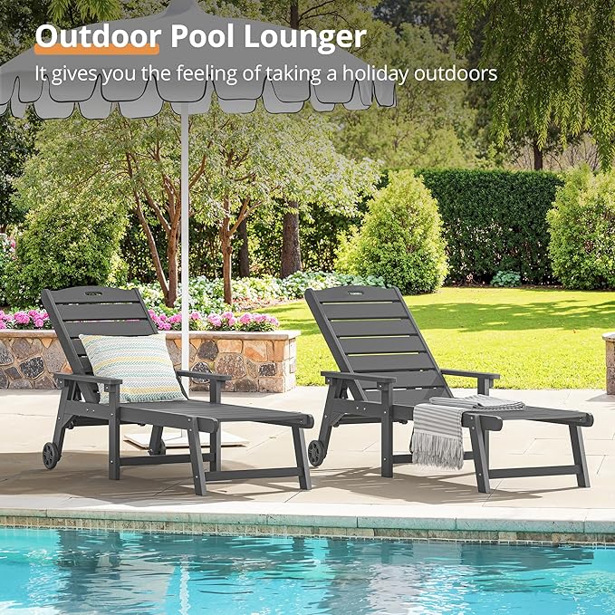 LUE BONA Outdoor Chaise Lounge Chairs Set of 4, HDPS Chaise Lounger, 5 Positions Adjustable Lounge Chairs, Pool Lounge Chair with Wheels for Poolside, Dark Gray LUEBONA