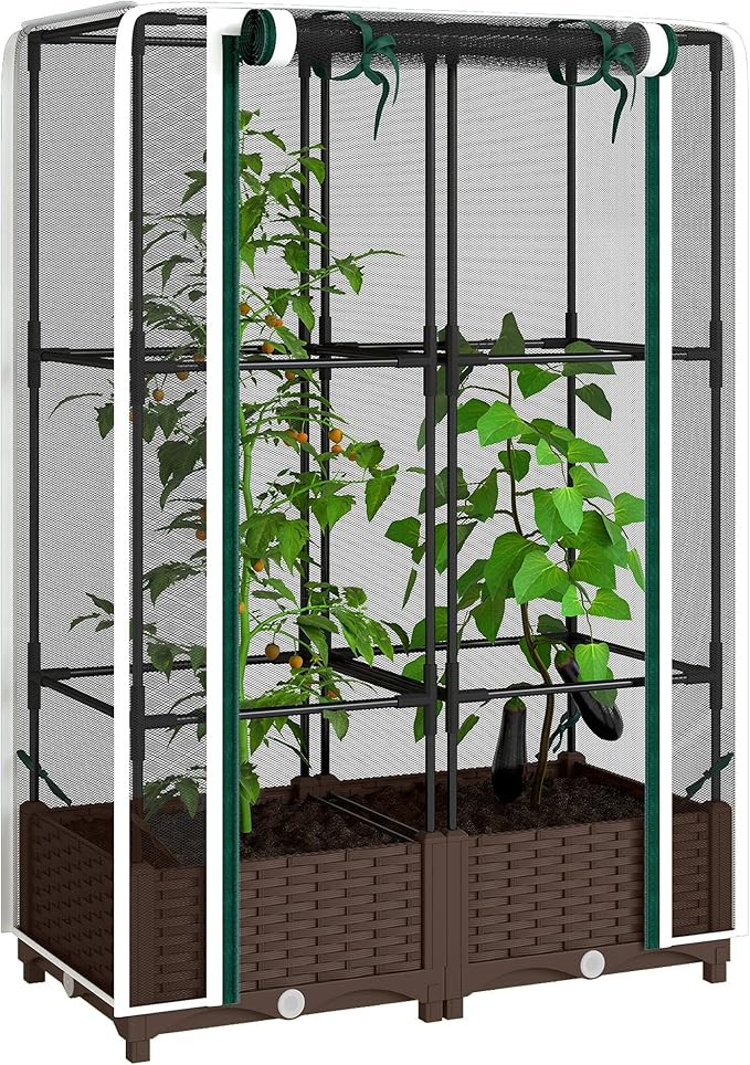 Outsunny Raised Garden Bed with Trellis, 46.5" Tomato Cage with Crop Cage, Self Watering Planter Box with Drainage Holes and Plugs for Outdoor Patio Climbing Plants, Vines, Vegetables, Flowers, White Outsunny