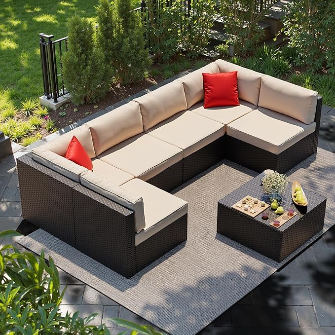 Shintenchi 7 Pieces Patio Furniture Sets Outdoor All-Weather Sectional Patio Sofa Set PE Rattan Manual Weaving Wicker Patio Conversation Set with Glass Table&Ottoman Cushion and Red Pillows, Beige Shintenchi