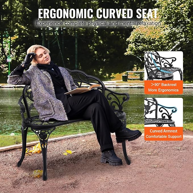 VEVOR 480 lbs Load Capacity, 38.8 inches Metal, Outdoor Backrest and Armrests, Patio Bench for Garden, Park, Yard, Front Porch, Black VEVOR