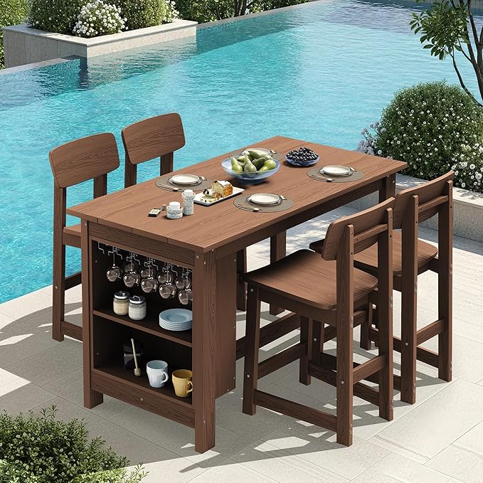 SERWALL 8-Piece HDPE Counter Height Dining Table Sets with Storage and Wine Rack, 2 Rectangular Bar Table with Bar Stools Set of 6 for Garden, Backyard, Kitchen, Brown SERWALL