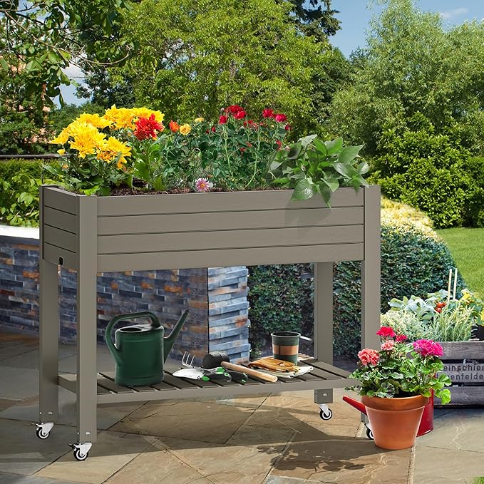 YITAHOME 43.3x17.7x34 in Elevated Garden Bed, Outdoor Plastic Planter Box with Wheels, Legs, Drain Plug, and Storage Shelf for Plants, Vegetables, Flowers, Herbs, Light Brown YITAHOME