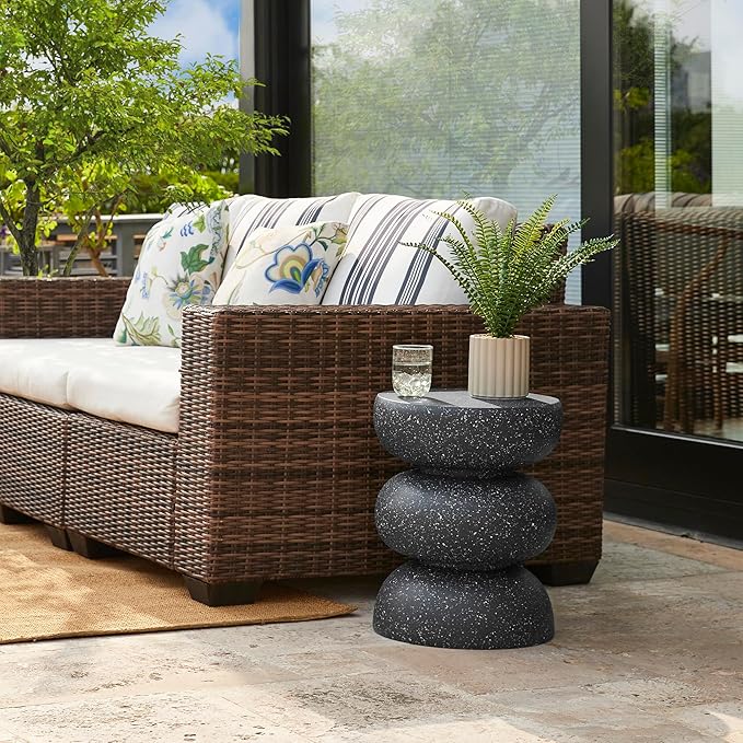 Glitzhome Outdoor Side Table, 18" H Decorative Garden Stool MGO Faux Terrazzo End Table, Heavy Duty Indoor Outdoor Round Planter Stand for Living Room Bedroom Patio Deck Poolside,Black Glitzhome