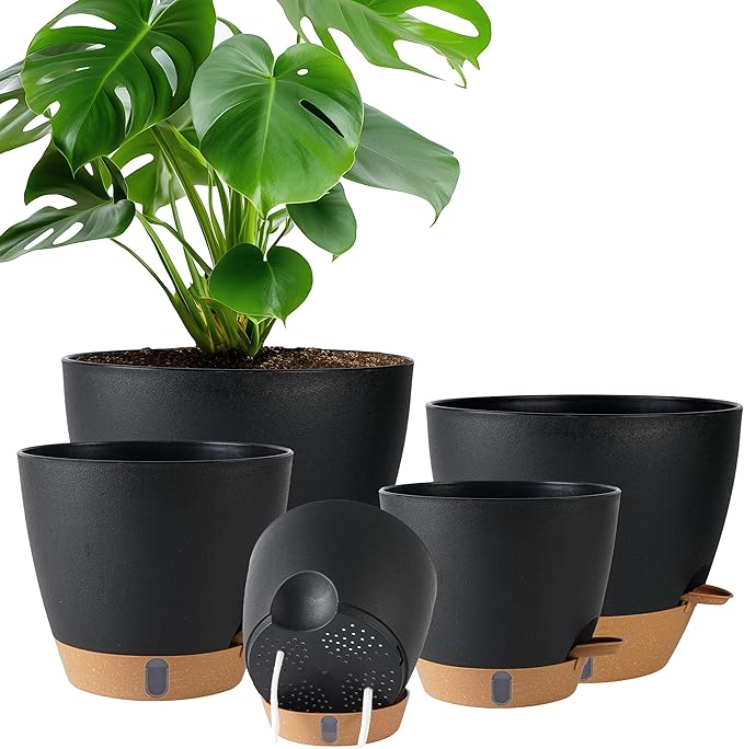 Self Watering Pots for Inoor Ourdoor Plants 10/9/8/7/6.5 Inch Plastic Planters with Drainage Holes & Water Level Indicator, Decorative House Flower Nursery Planting Pots with Saucers (Black) Fielda