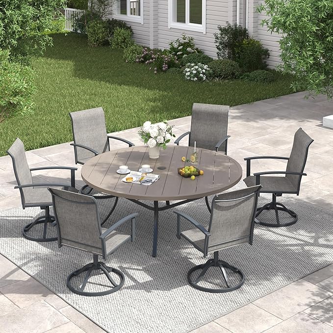 VICLLAX 50" Outdoor Round Patio Table with Umbrella Hole, All Weather Metal Round Outdoor Dining Table for Lawn Garden, 6-8 Person Table, Grey Wood Grain HOME