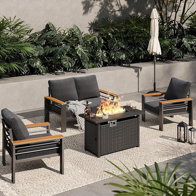 Aoxun Aluminum Outdoor Patio Furniture Set, 5-Piece Outdoor Sectional with 44'' Propane Gas Firepit Table, Patio Conversation Sets with Upgraded Armrests and Cushions for Backyard (Dark Grey,4 Seats) Aoxun