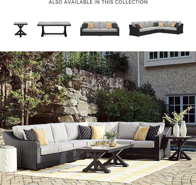 Signature Design by Ashley Beachcroft Curved Modern 4-Piece Outdoor Sectional with Cushion and 6 Throw Pillows, Light Gray SignatureDesignbyAshley