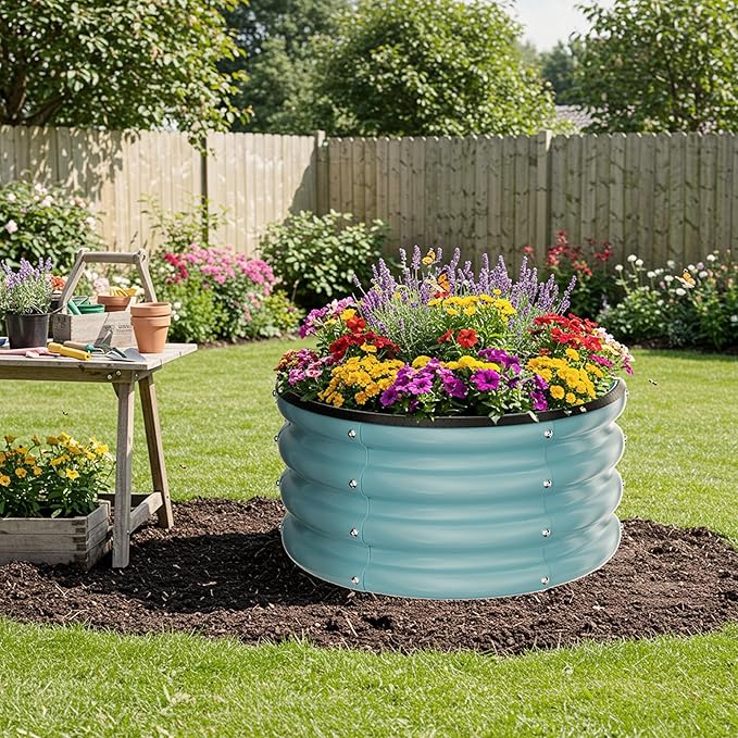 ZXZYHFTY Round Galvanized Raised Garden Bed kit,Blue Outdoor Garden Raised Planter Box, Round Large Metal Raised Garden Beds for Vegetable 2 * 2 * 1ft 2 Pcs ZXZYHFTY