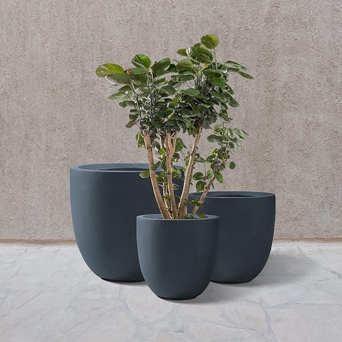 Kante 20",16.5",13.4" Dia Round Concrete Planters (Set of 3), Outdoor Indoor Modern Decorative Plant Pots with Drainage Hole & Rubber Plug for Home & Garden, Charcoal Kante