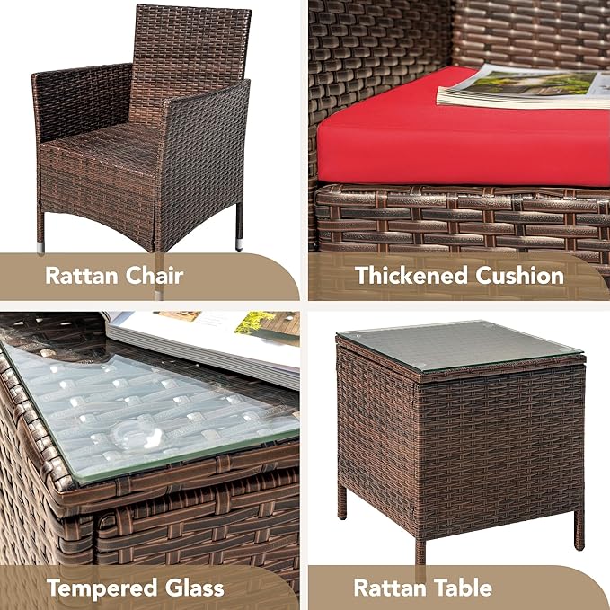 Devoko Patio Porch Furniture Sets 3 Pieces PE Rattan Wicker Chairs with Table Outdoor Garden Furniture Sets (Brown/Red) DEVOKO