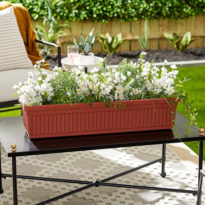 The HC Companies Venetian Windowr Planter Box w/Drain Plug - Long Planter Box for Windowsills, Balconies & More - Plastic Large Rectangular Outdoor Planters for Herbs & Flowers (30" Clay, Pack of 1) TheHCCompanies