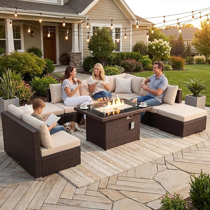 NICESOUL 10 Piece Patio Furniture Sectional Set with Fire Pit Propane/Natural Gas Convertible, 29.3'' High Back Deep Wide Outdoor Couch, 9 Seater Oversized High-End Wicker Conversation Sofas, Brown NICESOUL