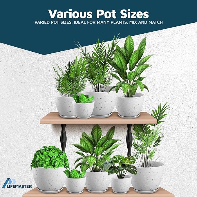 White Gray Plant Pots with Drainage Holes & Saucers 15 Pack, Indoor & Outdoor Stackable Space-Saving Planters for Houseplants & Flowers, (7", 6.7", 6", 5.3", and 4.8" Inches), Durable & Weatherproof LIFEMASTER