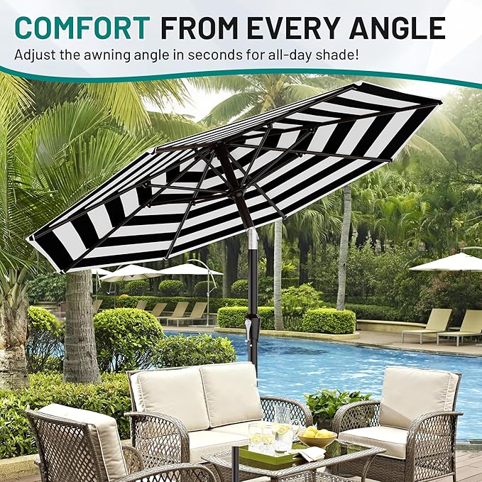 AreShark 9 FT Patio Umbrella for Outdoor, Outdoor Table Umbrella with Push Button Tilt and Crank, Outdoor Patio Umbrellas with 8 Sturdy Ribs for Market, Garden, Pool (Black & White Stripe) Rootora