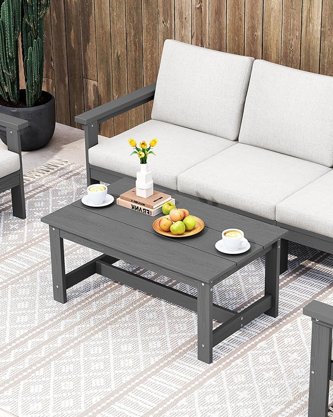 SERWALL HDPE Patio Coffee Table, Rectangle Outdoor Coffee Table, All-Weather Coffee Side Table for Balcony, Poolside, Deck, Garden, Gray SERWALL