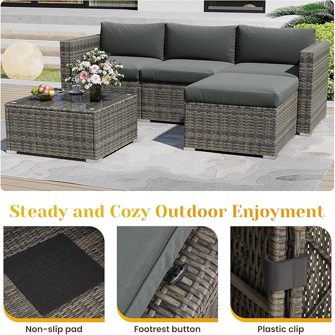 5 Piece Outdoor Patio Sectional Furniture Set, Weather Resistant Rattan Outside Couch, Waterproof Conversation Sofa for Balcony, Porch, Backyard, Deck, Garden, Grey MayinColor
