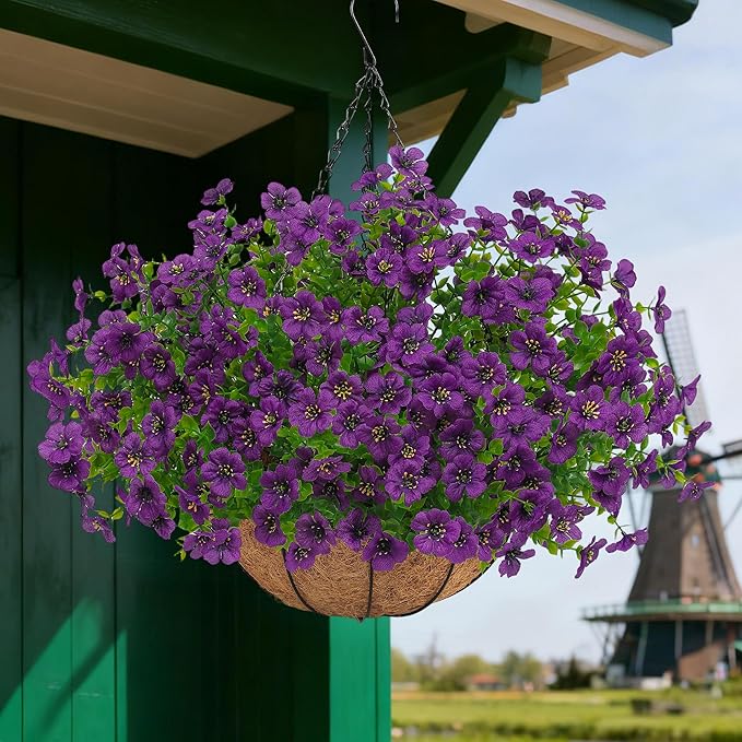 Artificial Faux Hanging Plants Flowers Basket for Outdoors Spring Summer Decoration, Hanging Planters with Fake Silk Flowers UV Resistant Realistic for Outside Porch Patio Balcony Garden Home （Purple） Tiabean
