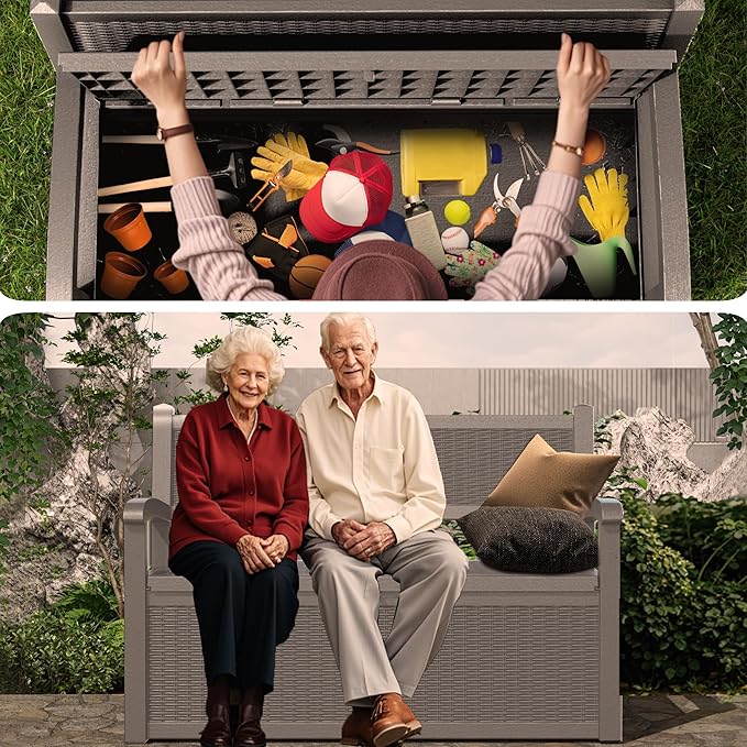 80 Gallon Outdoor Storage Bench Deck Box Waterproof Lockable,Outdoor Storage Furniture for Patio,Garden and Porch,Tools and Cushions（ Grey） OutdoorLivingPerfected